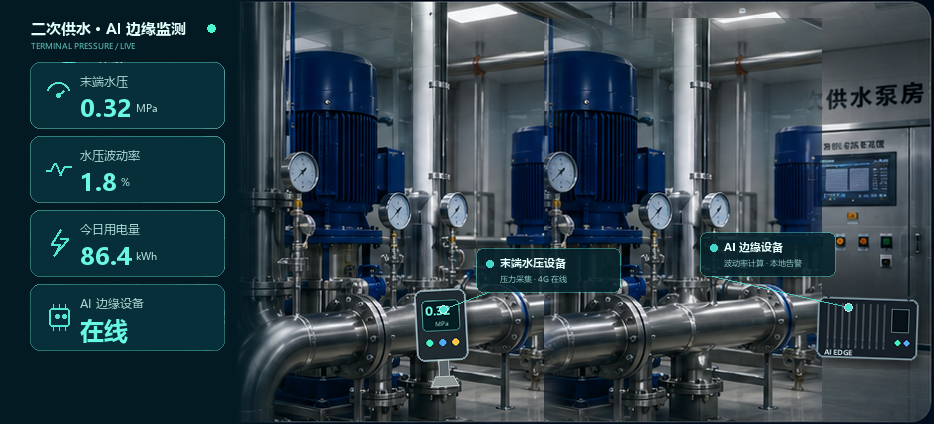 二次供水泵房中的末端水压设备、AI 边缘设备与用电量监测场景